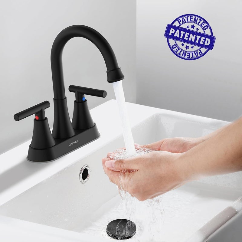 Hurran Bathroom Faucets for Sink 3 Hole, 4 inch Matte Black Bathroom Sink Faucet with Pop-up Drain and 2 Supply Hoses, Stainless Steel Lead-Free Centerset Faucet for Vanity RV, 2 Pack - Image 2